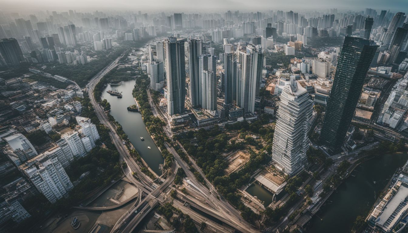 An aerial photograph of a modern Vietnamese city skyline with high-rise buildings.