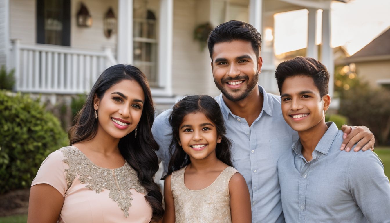 A happy family posing in front of their beautiful suburban home.