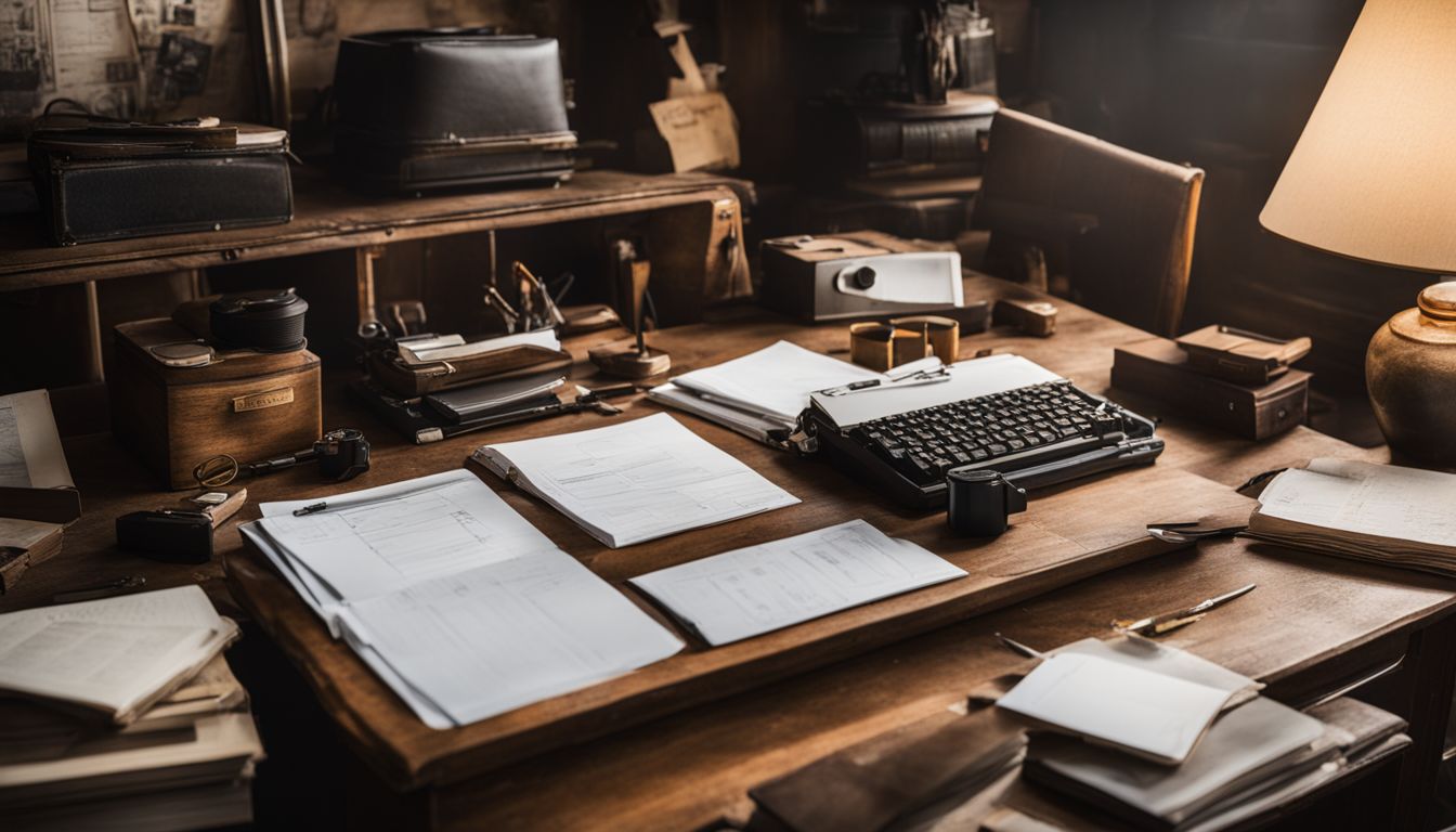 A cluttered vintage wooden desk with paperwork, a laptop, and measuring tools.