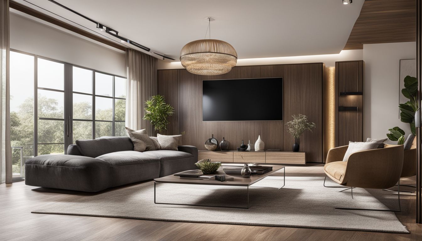 An elegant and spacious living room with modern furniture and eco-friendly design.