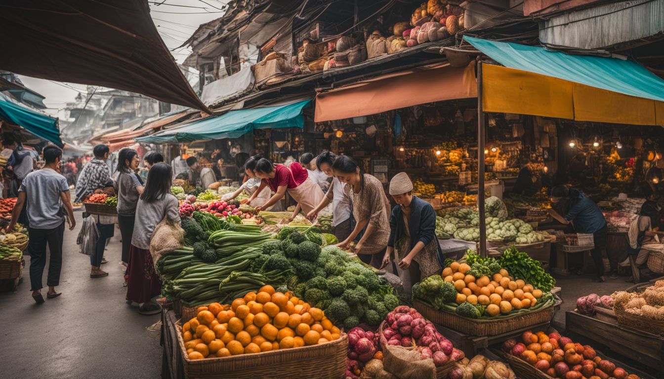 A vibrant Vietnamese market with colorful produce and traditional goods.