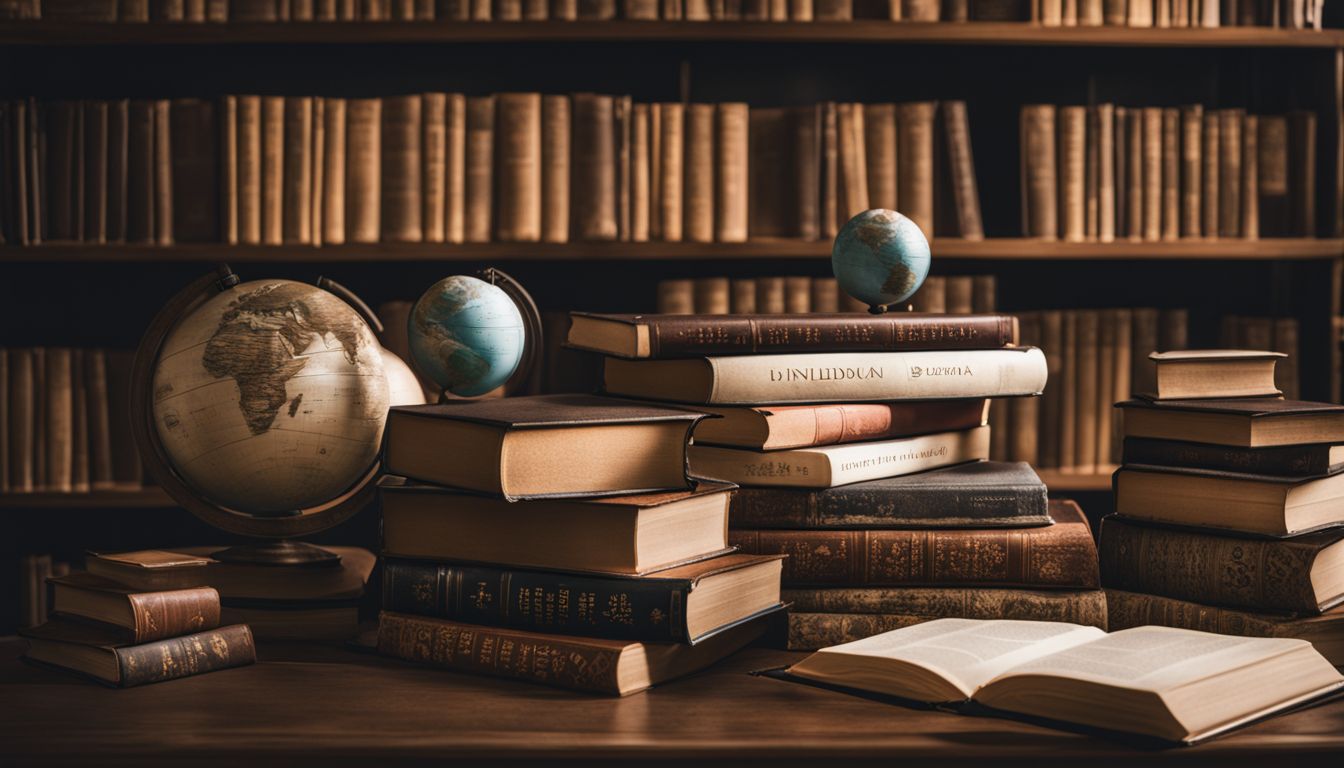 A diverse collection of books, globes, and dictionaries representing different languages.