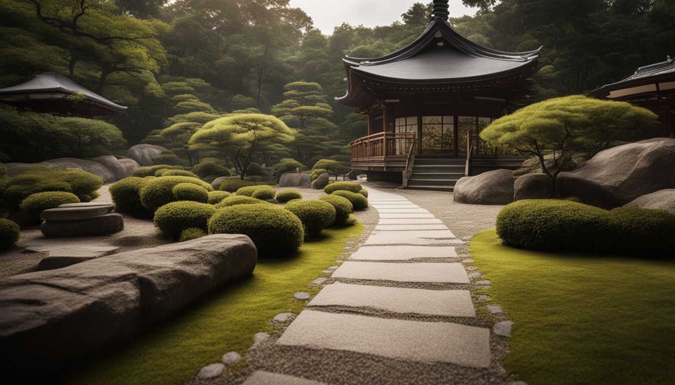 A Zen garden with a stone pathway leading to a Japanese pagoda.