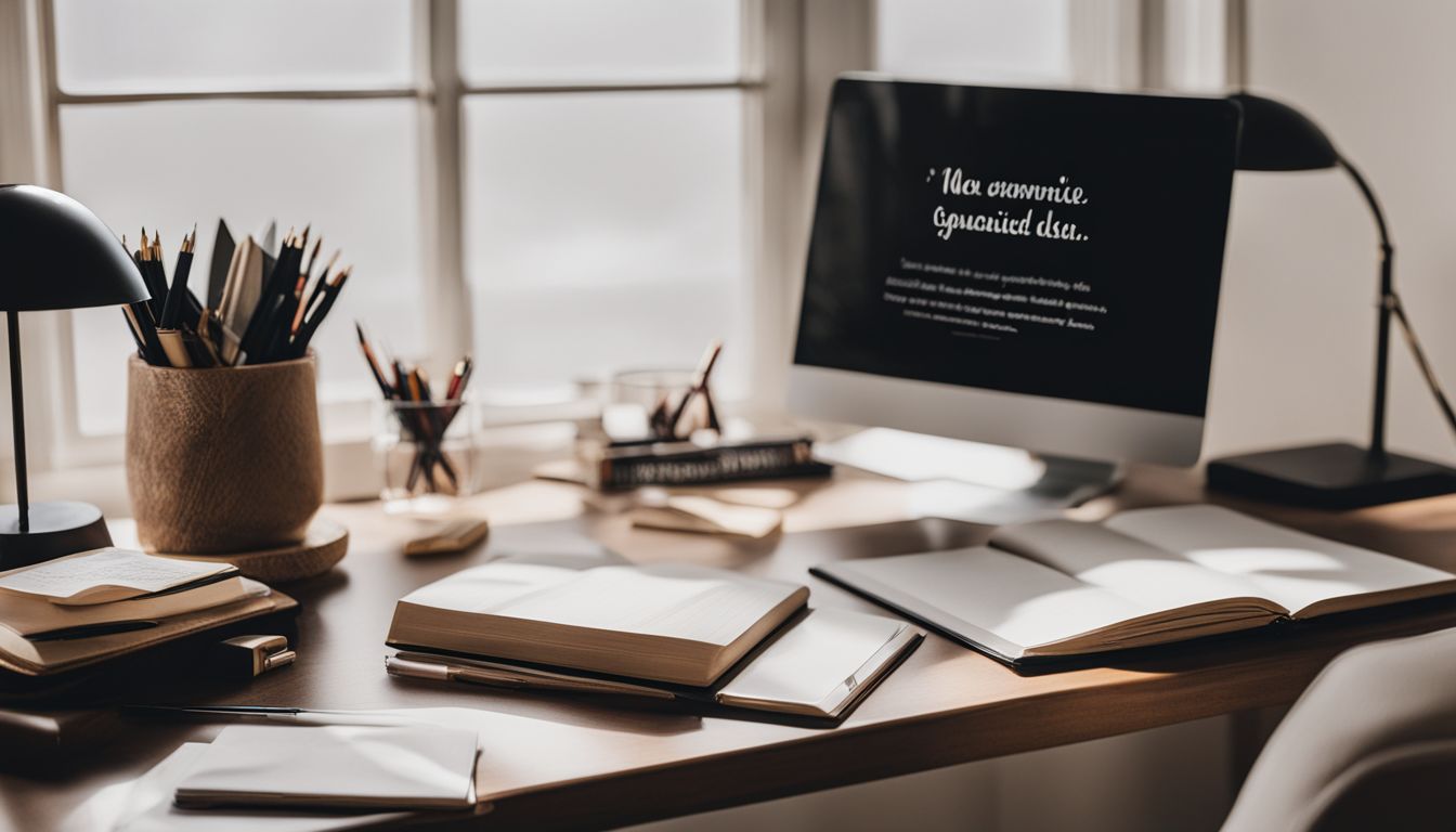 A beautifully organized study desk with books and stationery.