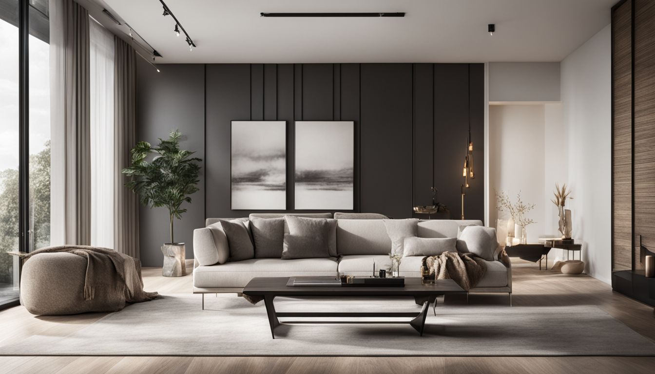 A beautiful minimalist living room with elegant furniture and natural lighting.