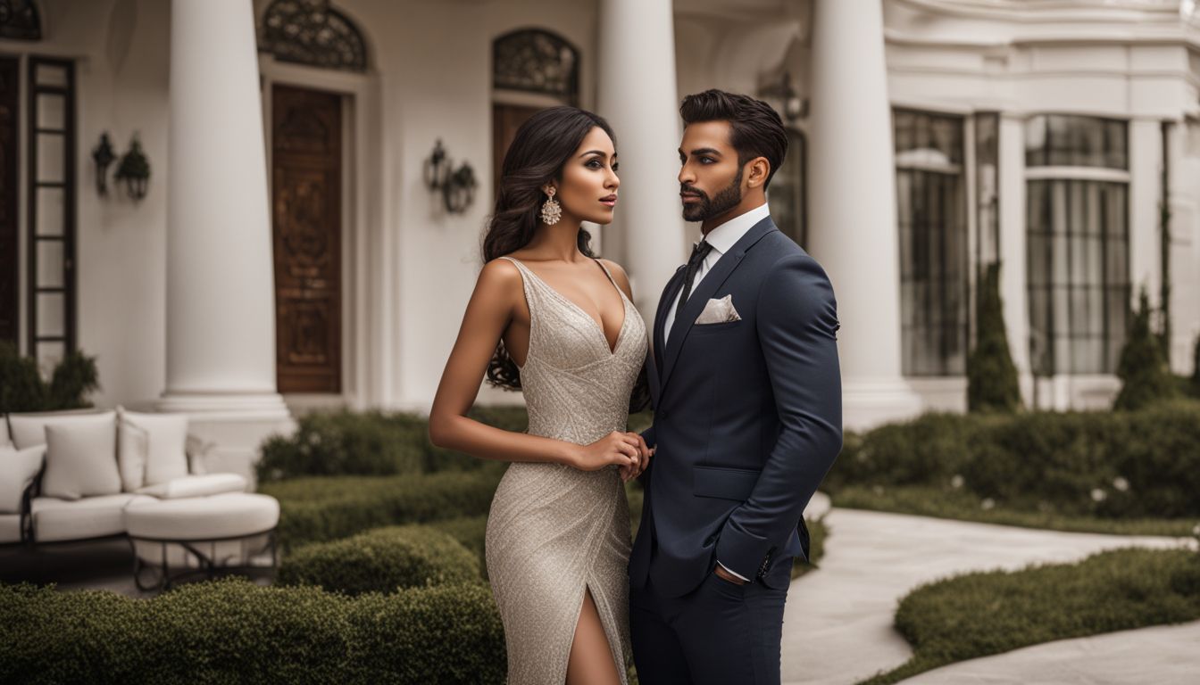 A couple stands in front of a luxurious mansion for sale.