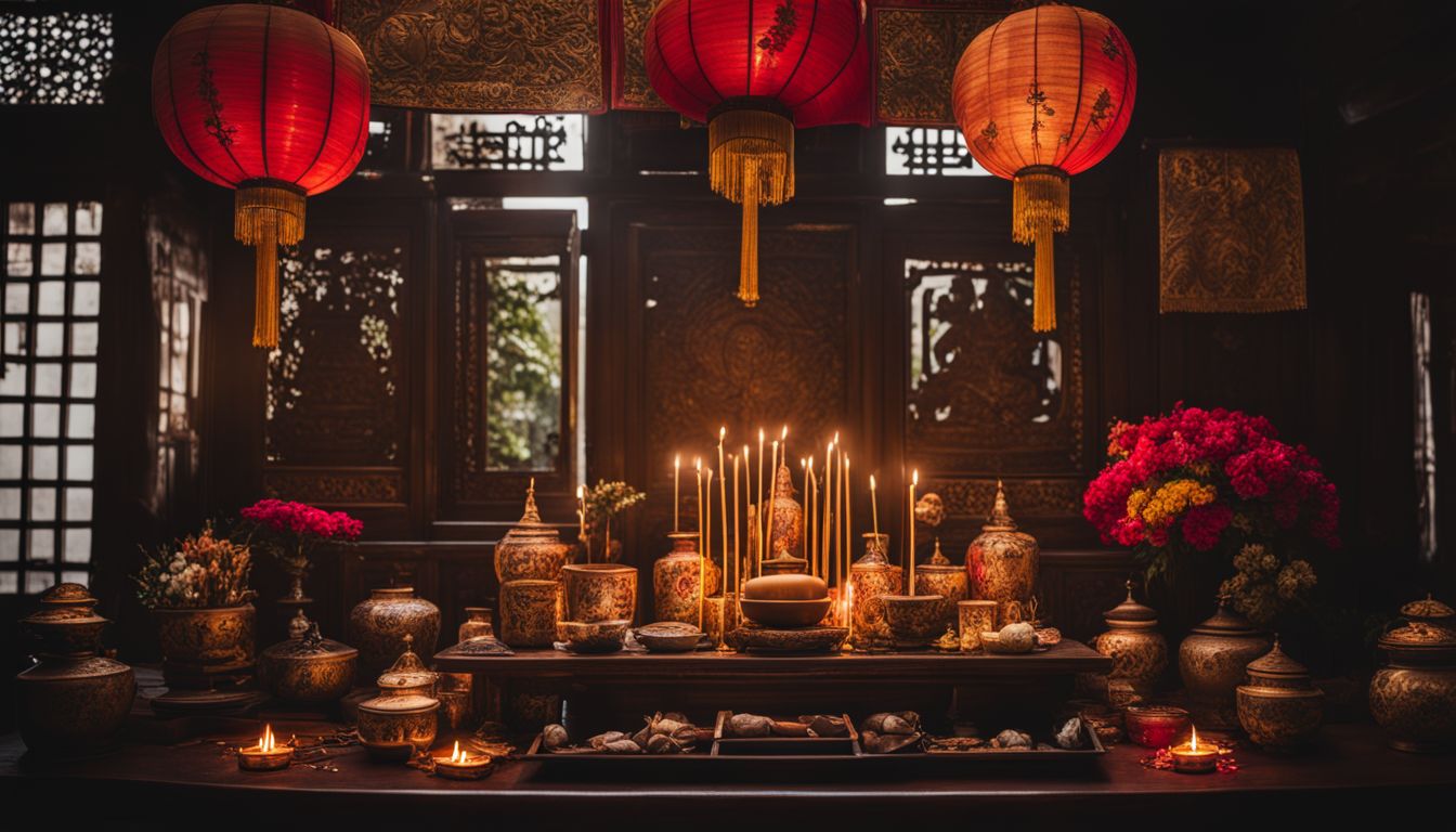 A beautifully decorated altar with symbolic offerings and traditional Vietnamese decorations.