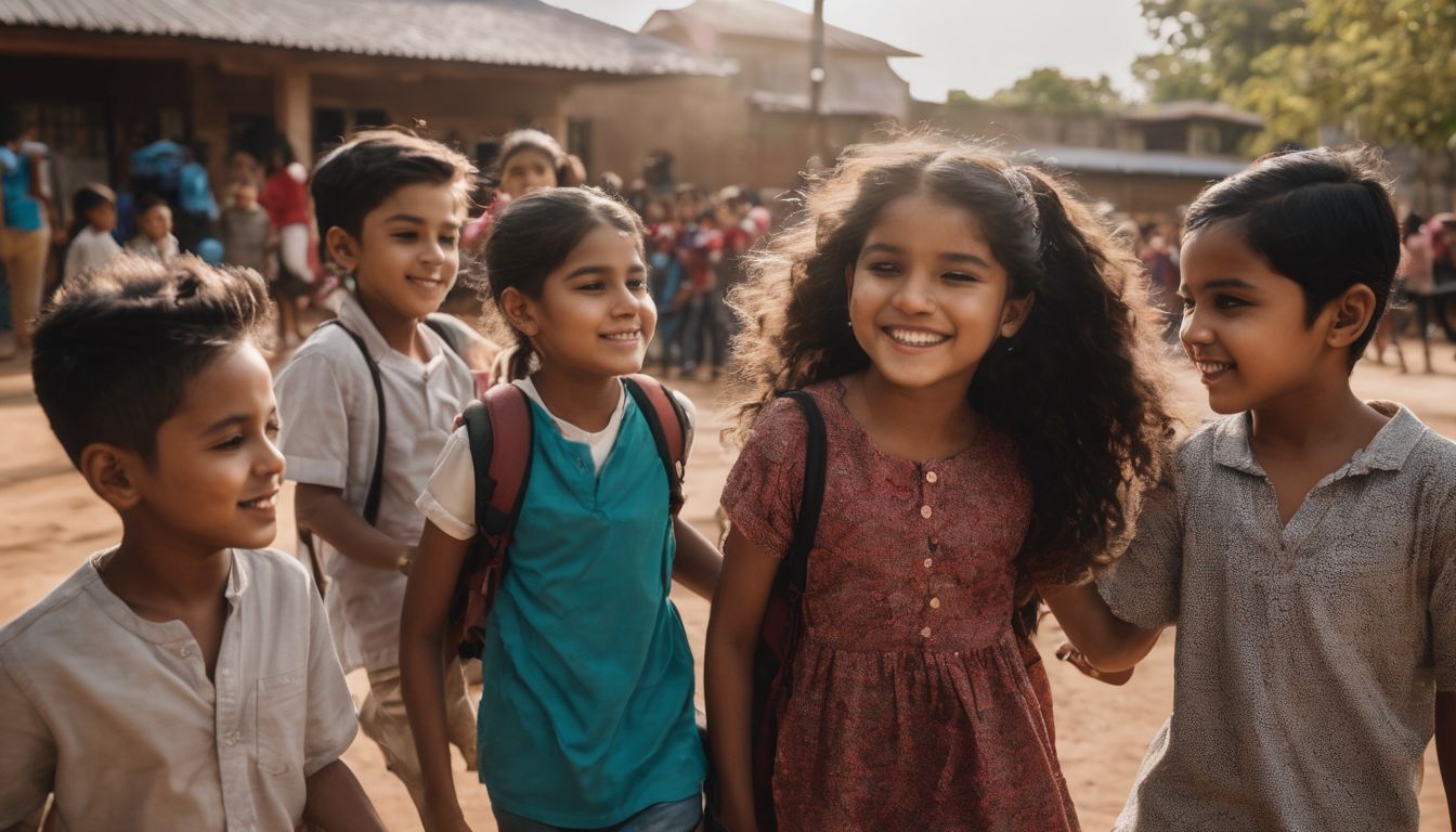 A diverse group of children playing together in a schoolyard.