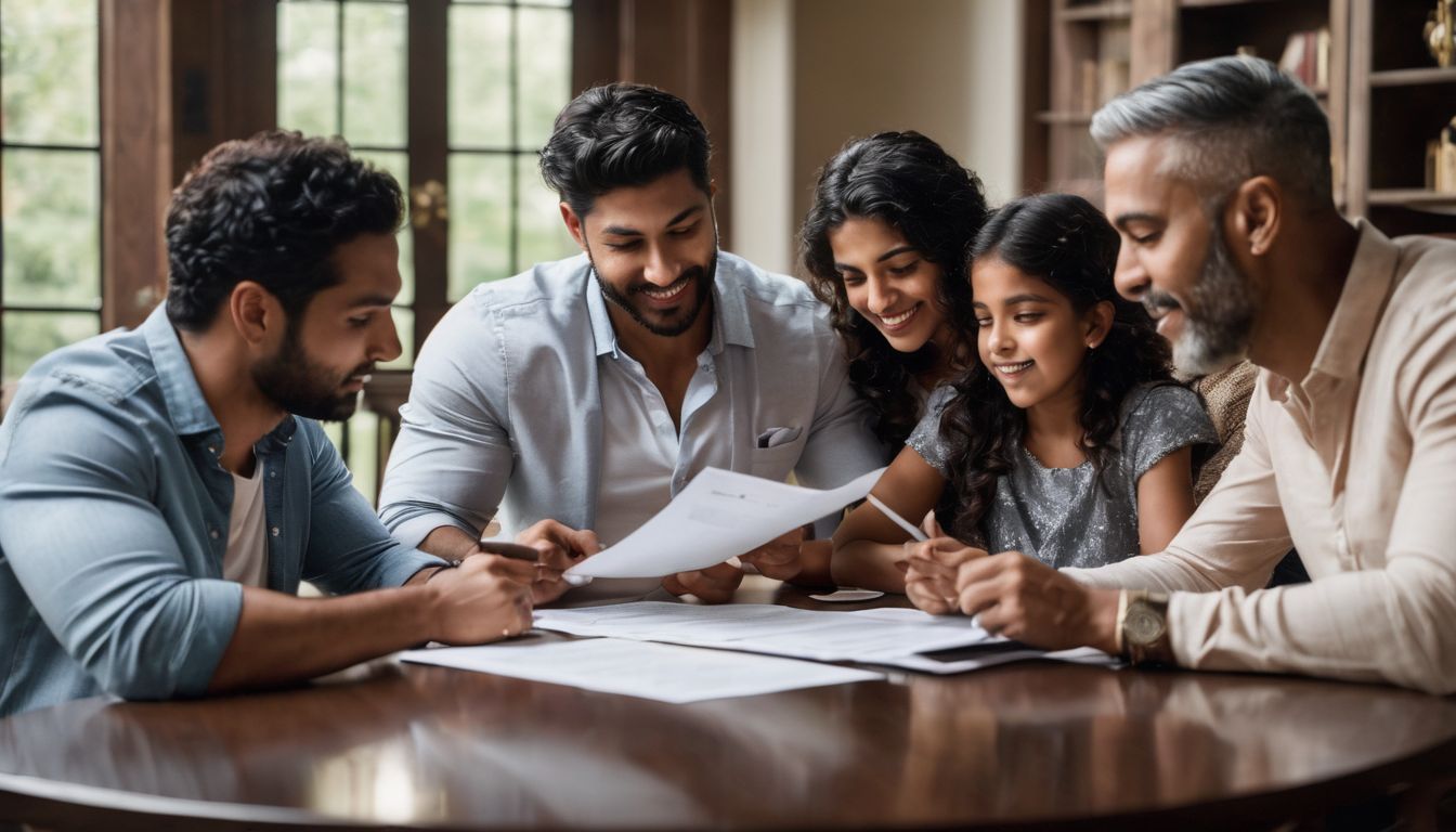 A diverse family reviews legal documents during estate planning.