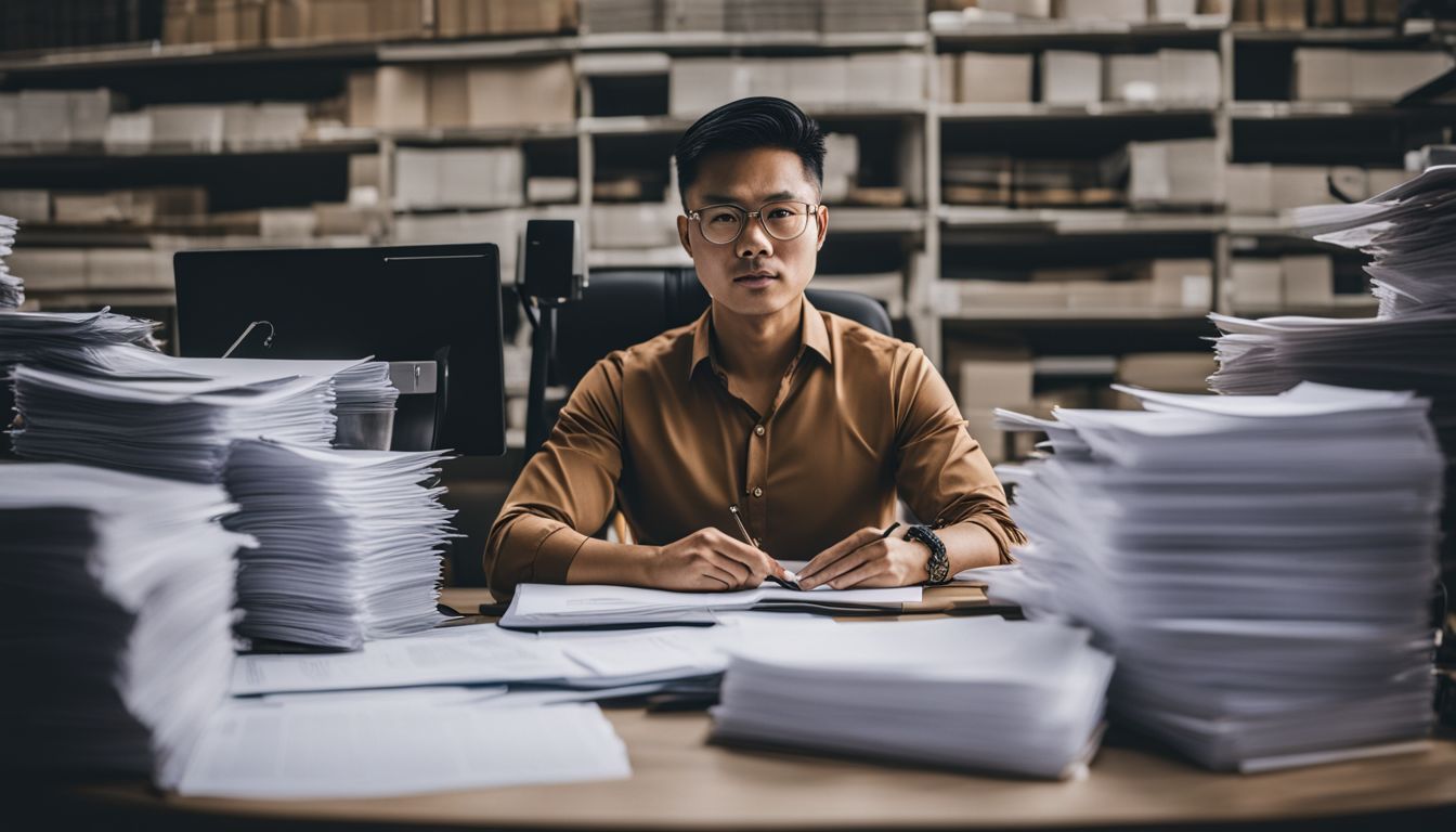 A Vietnamese investor surrounded by documents at a busy desk.