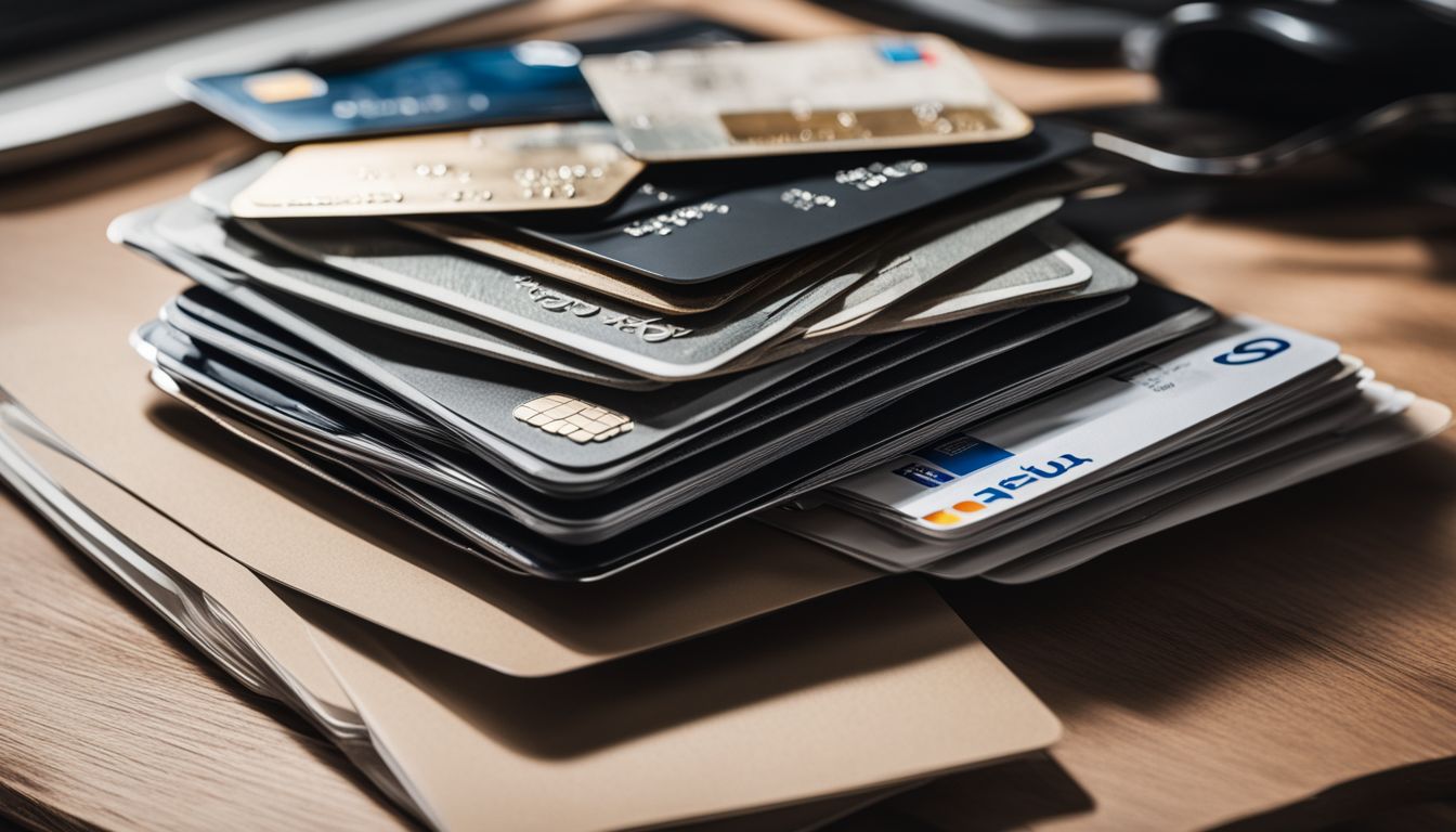 A stack of credit cards surrounded by financial documents and a laptop.