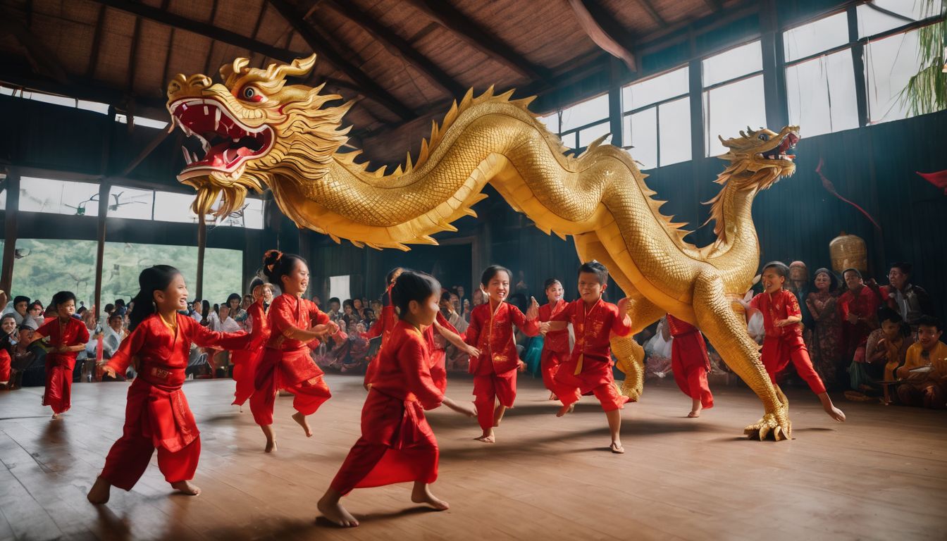 Children happily dancing around a traditional Vietnamese dragon at a community event.