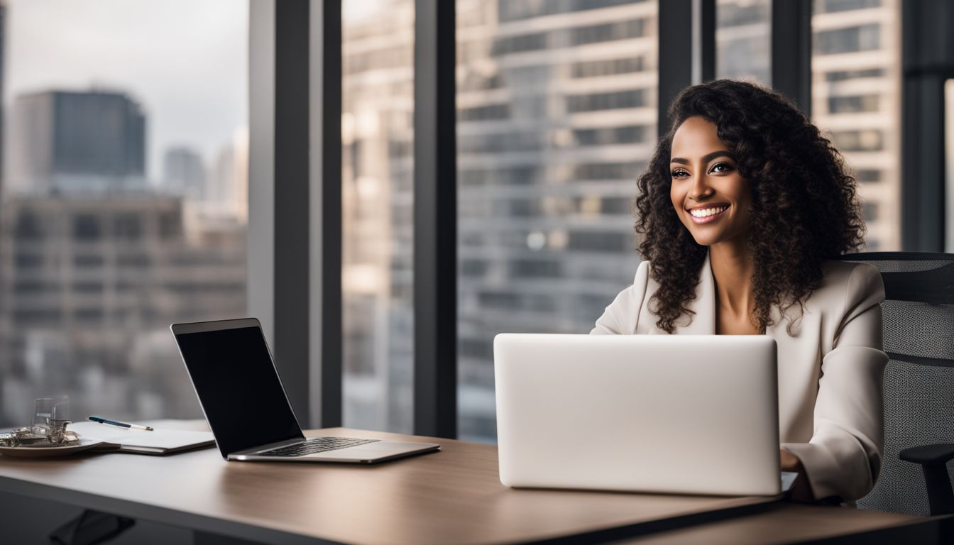 A real estate agent working on a laptop at a modern office desk.