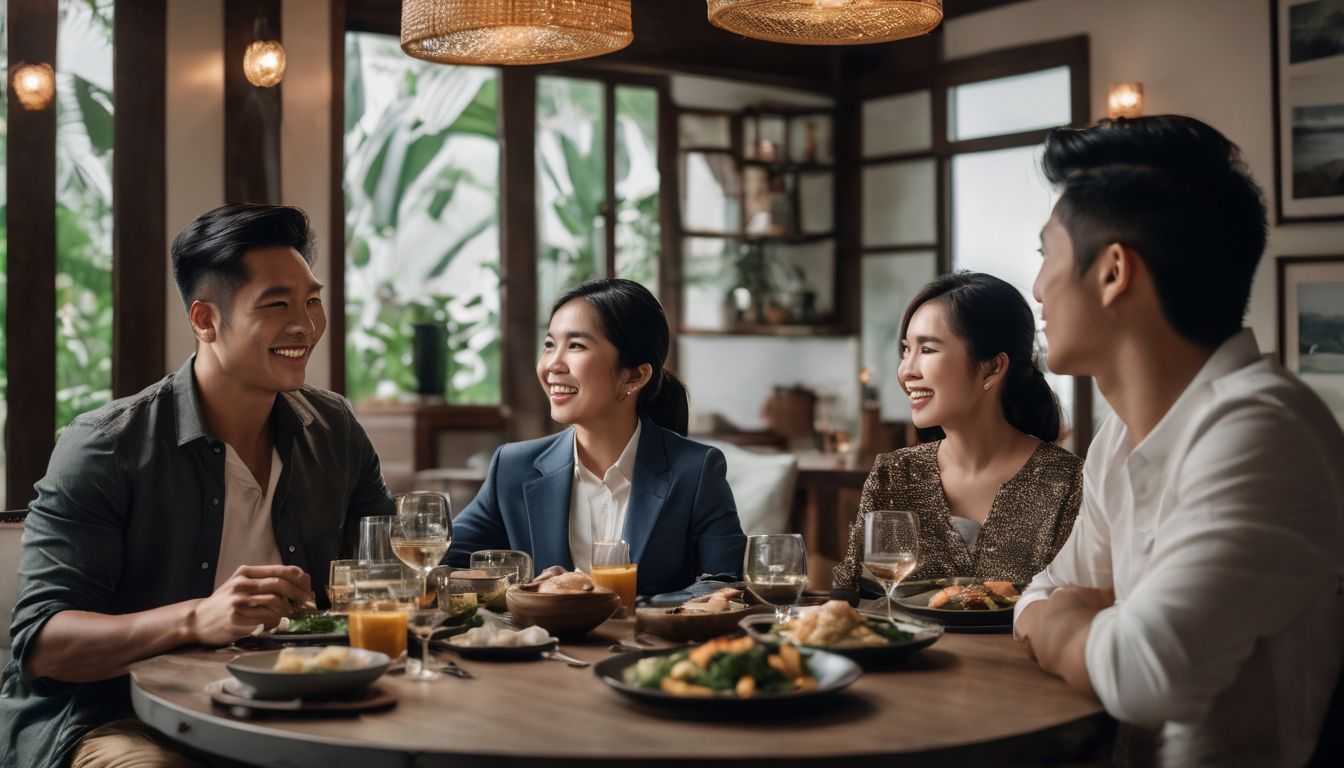 A Vietnamese family gathers around a dining table, discussing real estate.