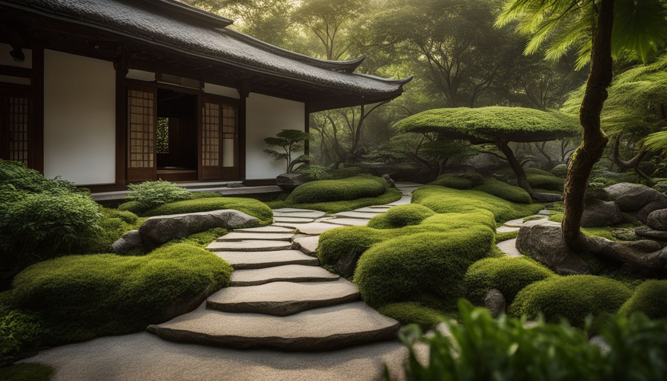 A serene Zen garden with a stone pathway winding through lush greenery.