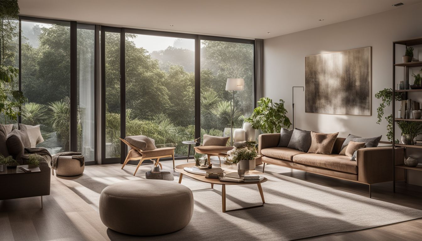 A peaceful living room with a view of a beautiful garden.