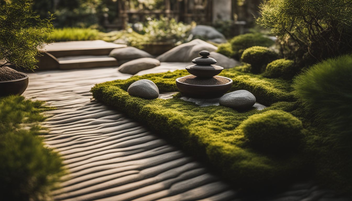 A diverse zen garden with a harmonious balance of elements.