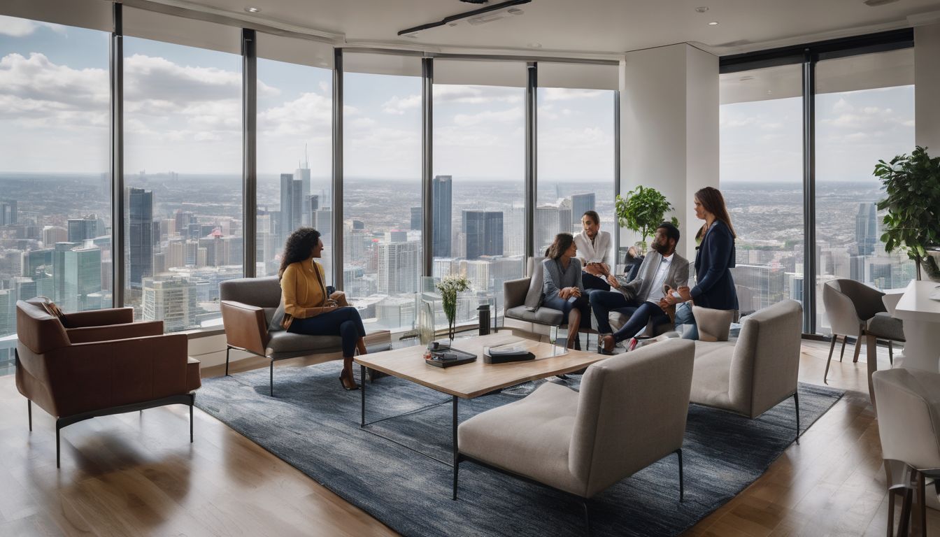 A diverse group discusses real estate options in a modern office.