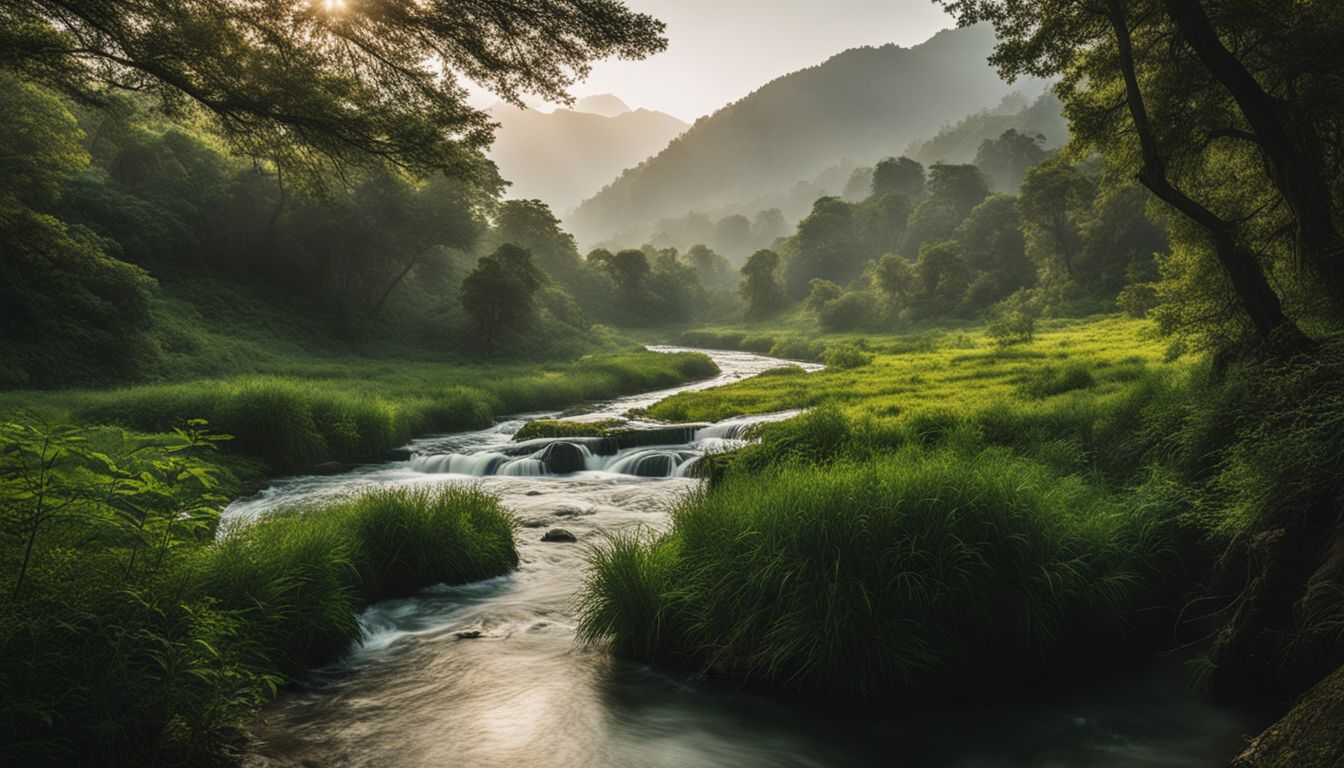 A peaceful river flowing through a lush green landscape with diverse people.