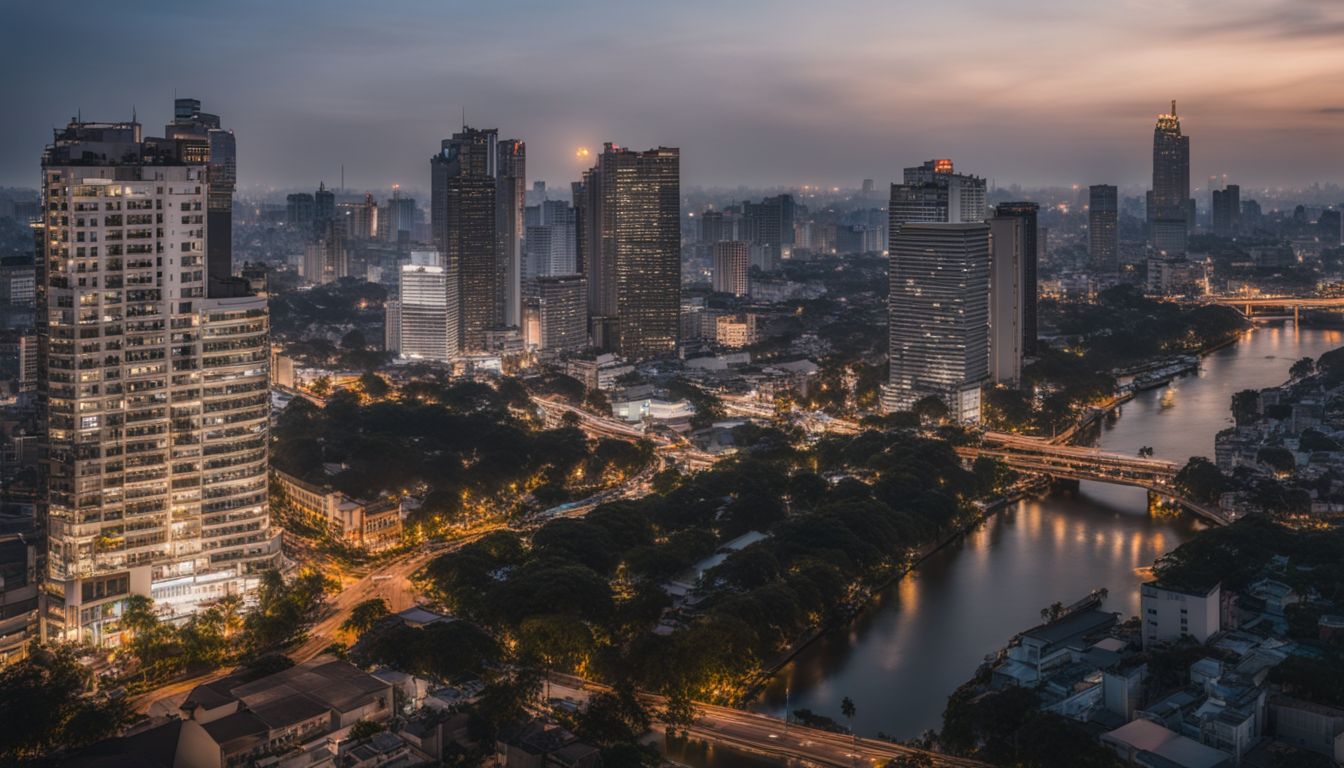 A vibrant cityscape at dusk in Ho Chi Minh City, Vietnam.