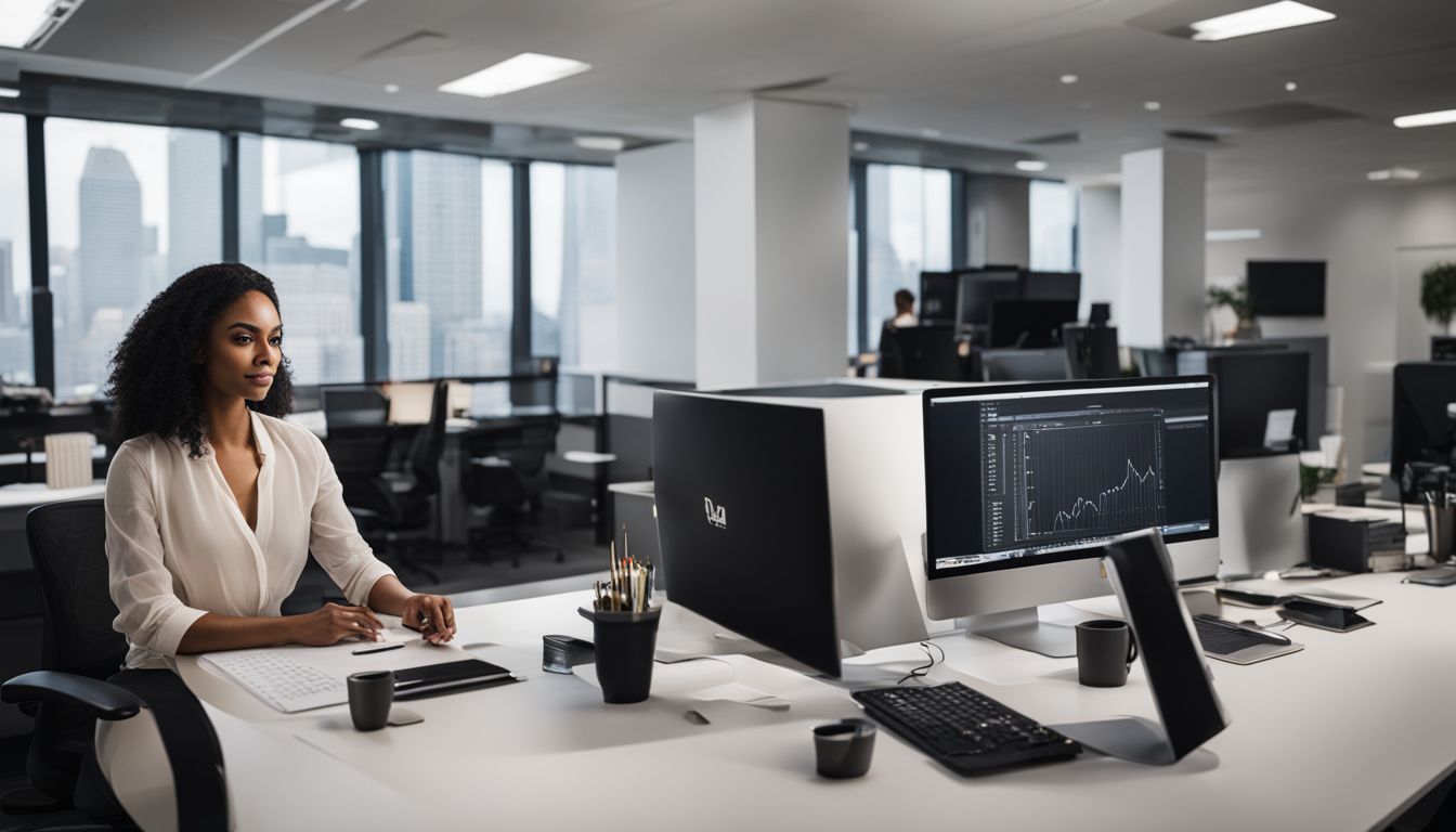 A mortgage broker works in a modern office surrounded by technology.