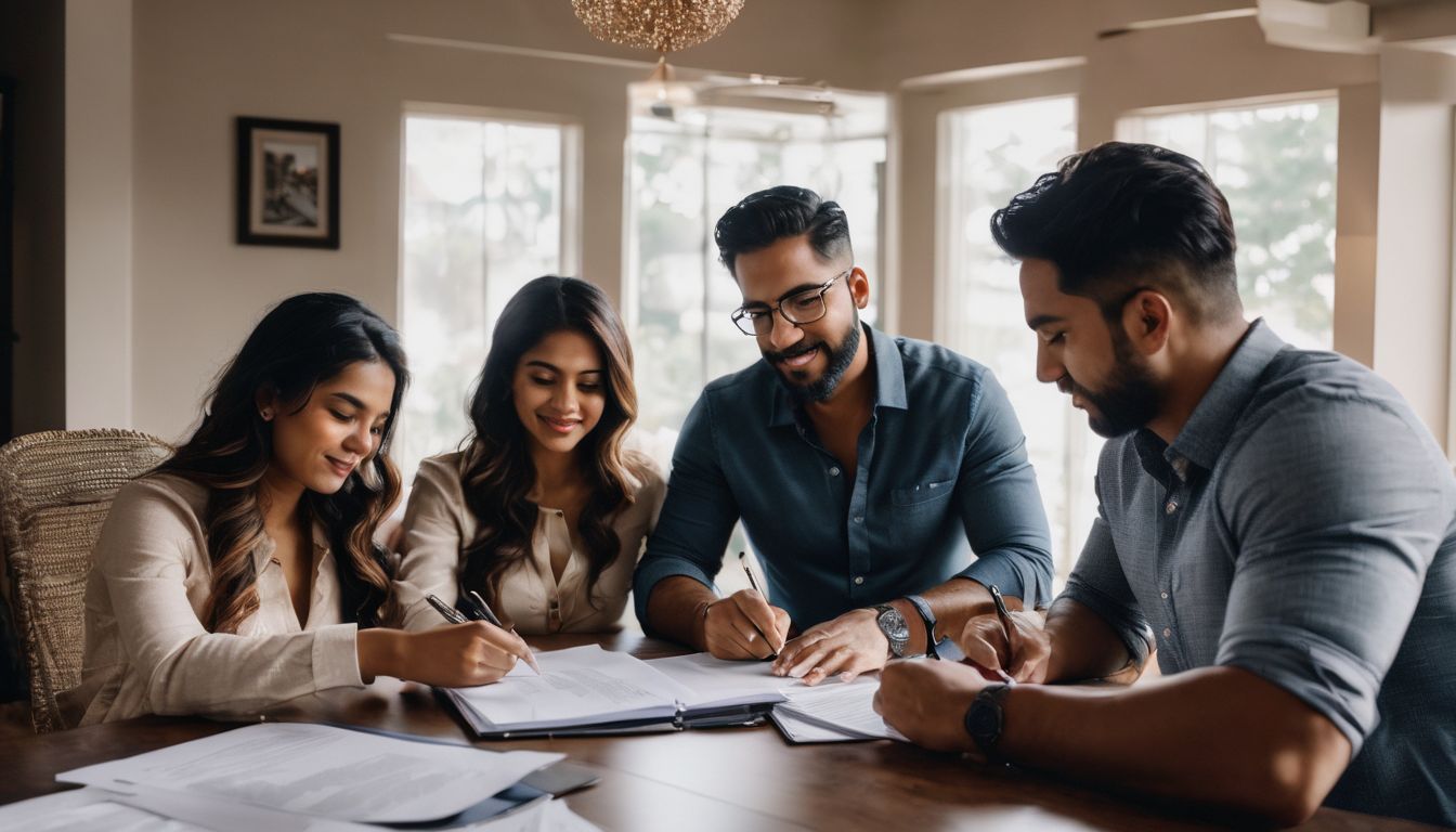 A diverse family signs real estate documents at a gathering.