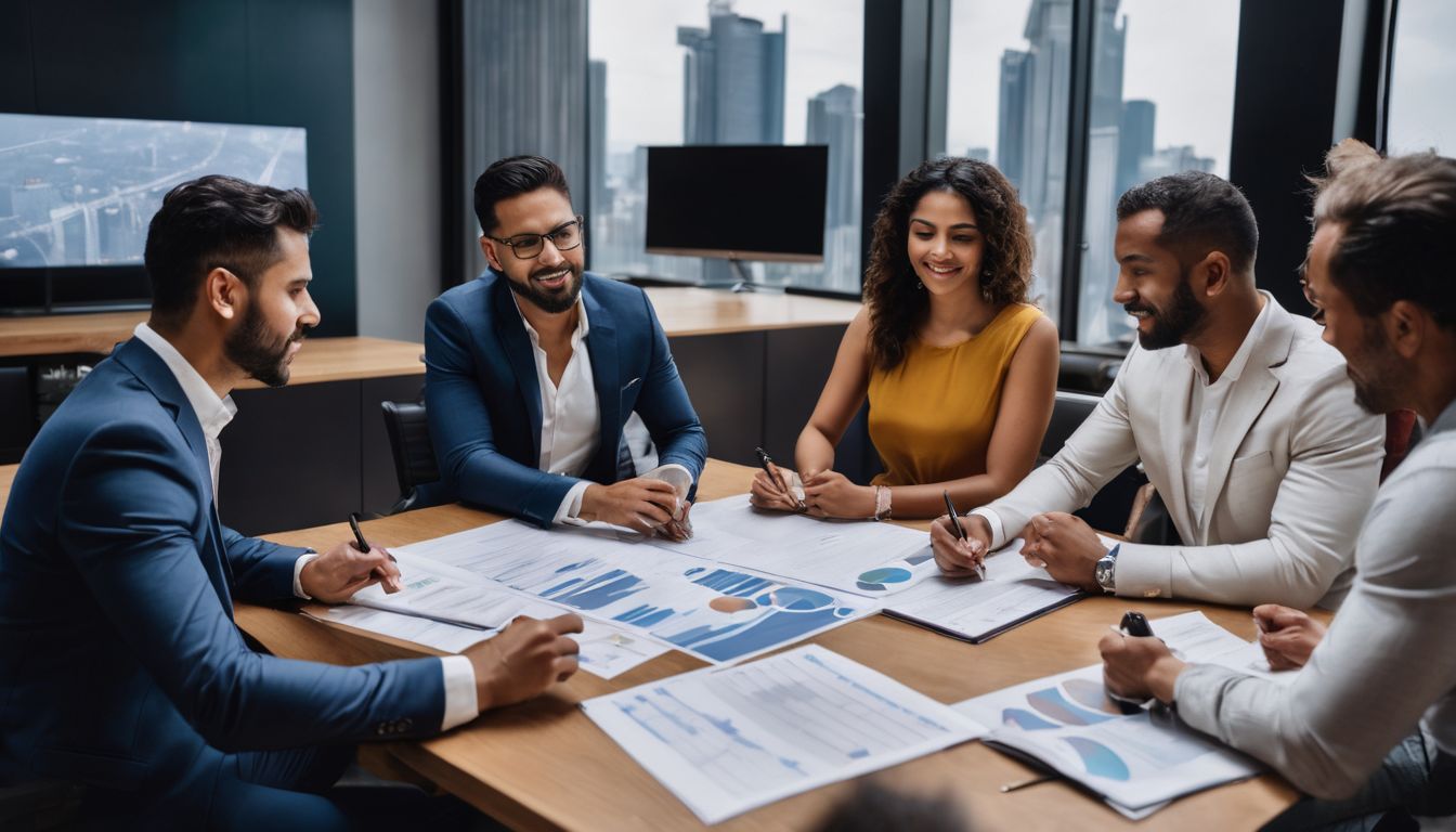 Diverse group discussing mortgage rates in a bustling cityscape setting.