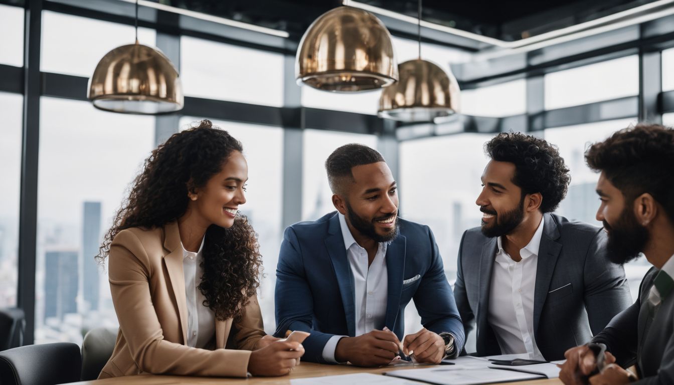 A diverse group discussing mortgage and financing plans in a modern office.