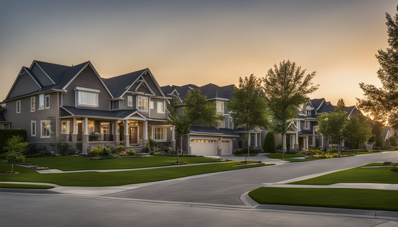 A photo of a modern suburban neighborhood with well-maintained houses.