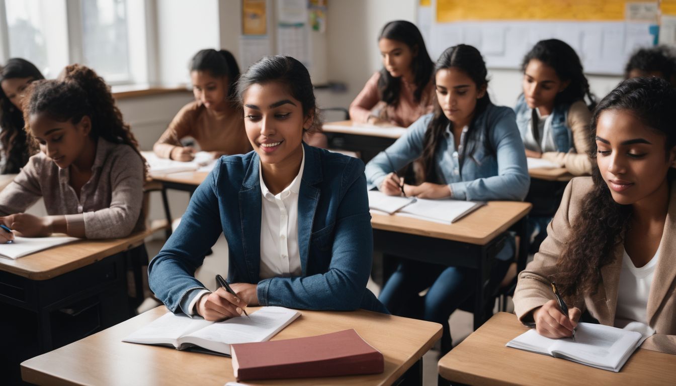 A diverse group of students studying together in a classroom.