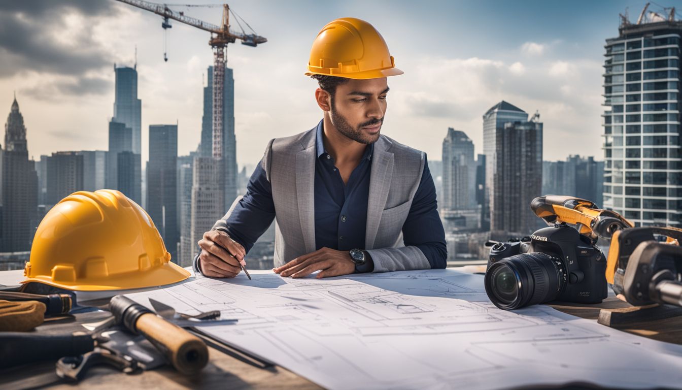 Architectural blueprint surrounded by construction tools and diverse people.