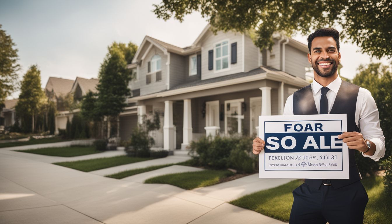 A real estate agent holding a For Sale sign in a suburban neighborhood.