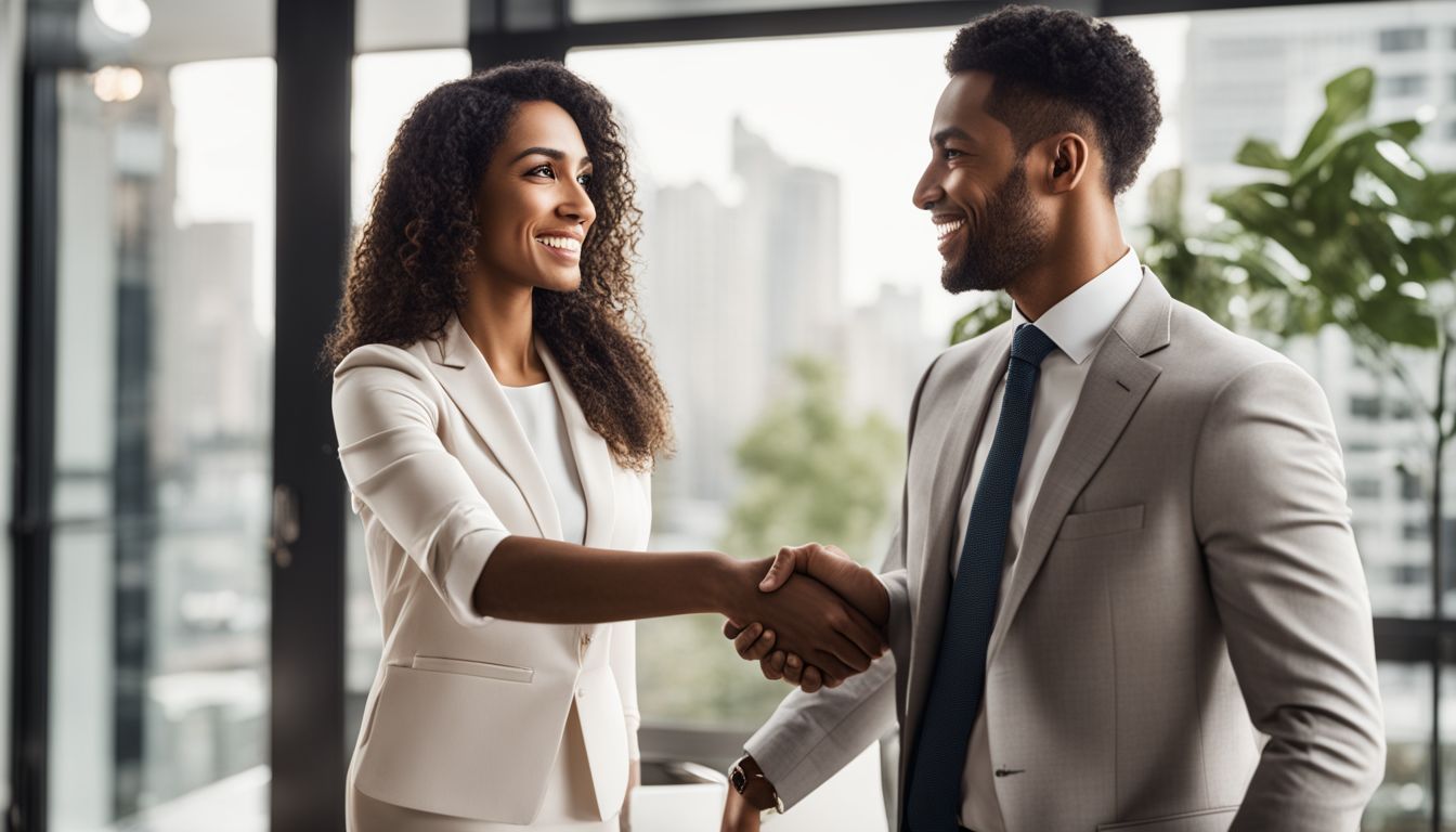 A real estate agent and client celebrate a successful transaction.