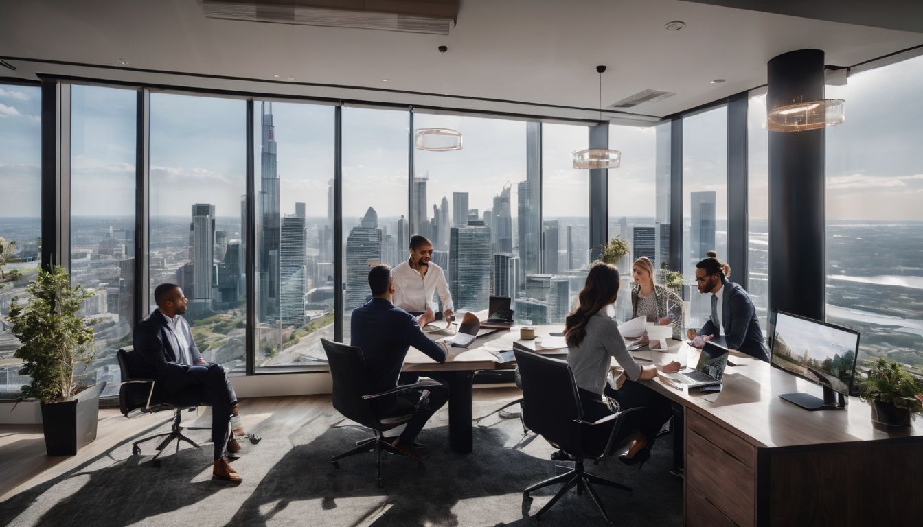 A diverse group of real estate professionals reviewing floor plans.