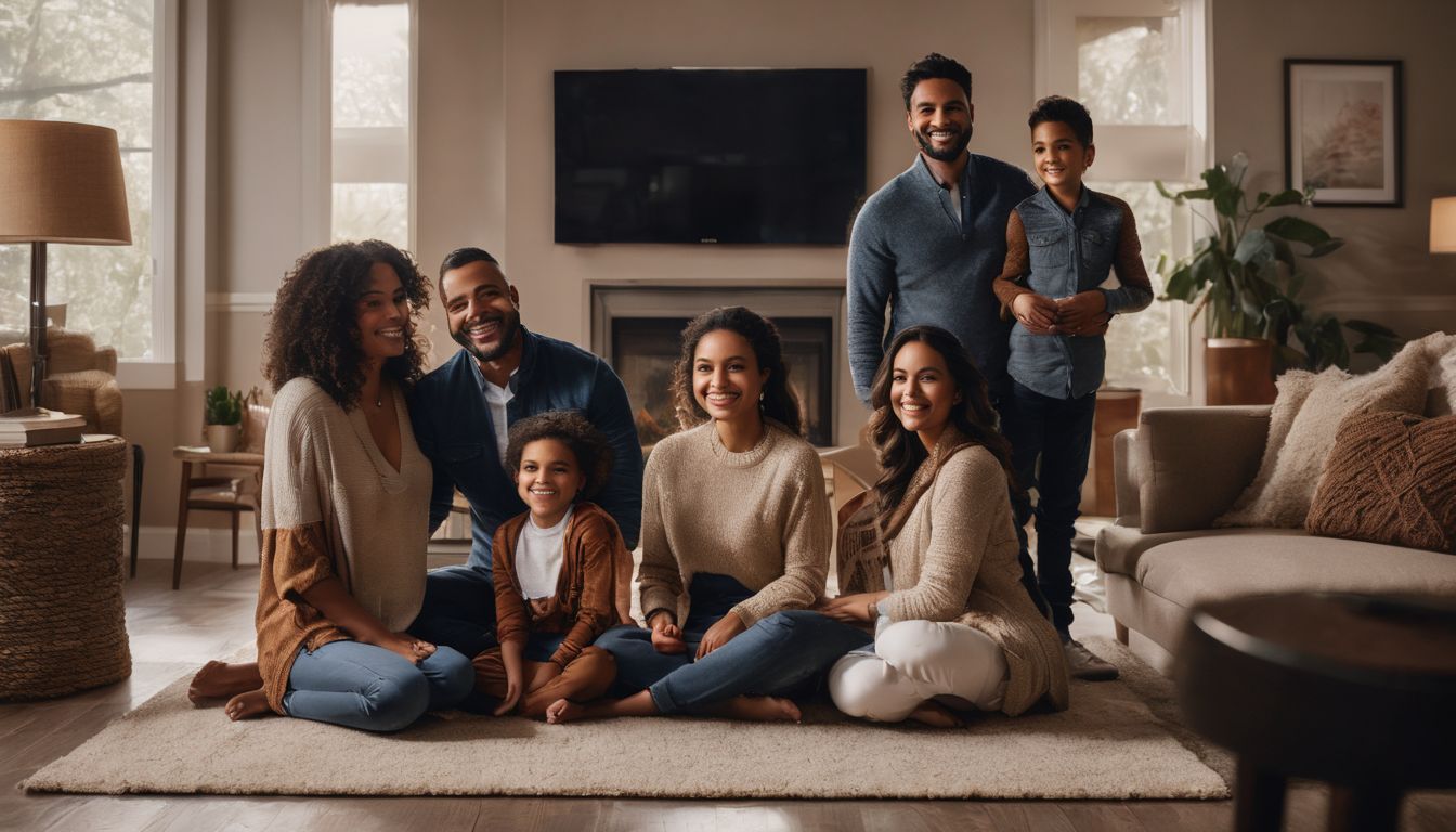 A happy family in a cozy living room with detailed features.