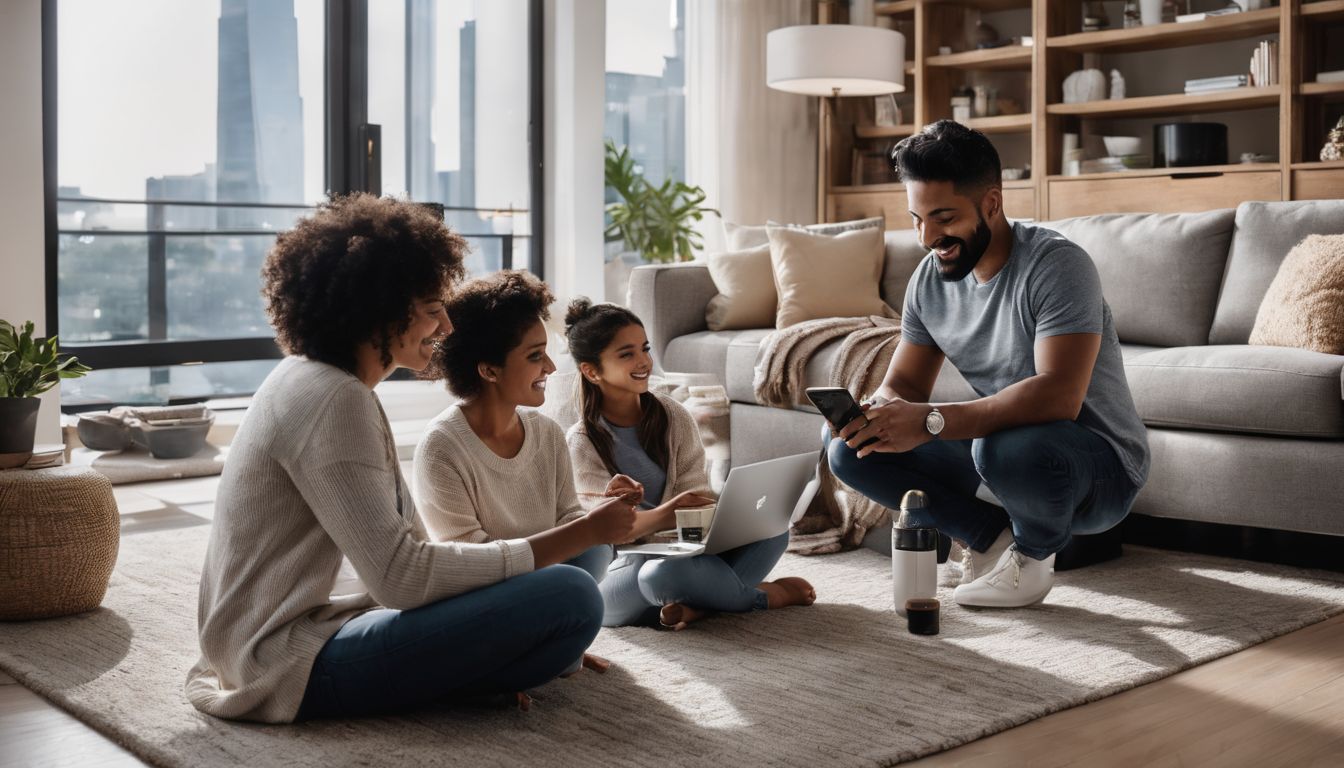 A diverse family interacts with smart home devices in a modern living room.