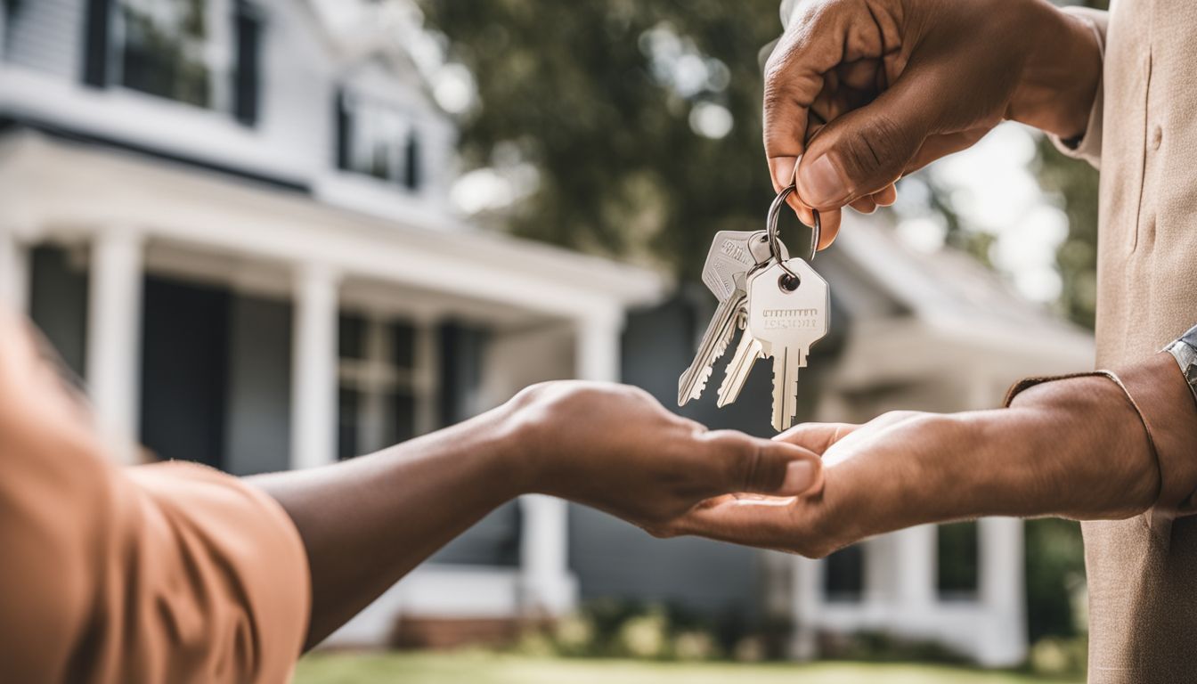 A homeowner receives the keys to their new house from a real estate agent.