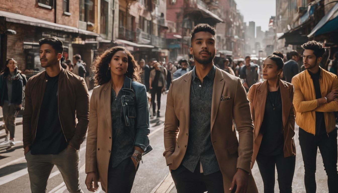 A diverse group of people standing together in a bustling cityscape.