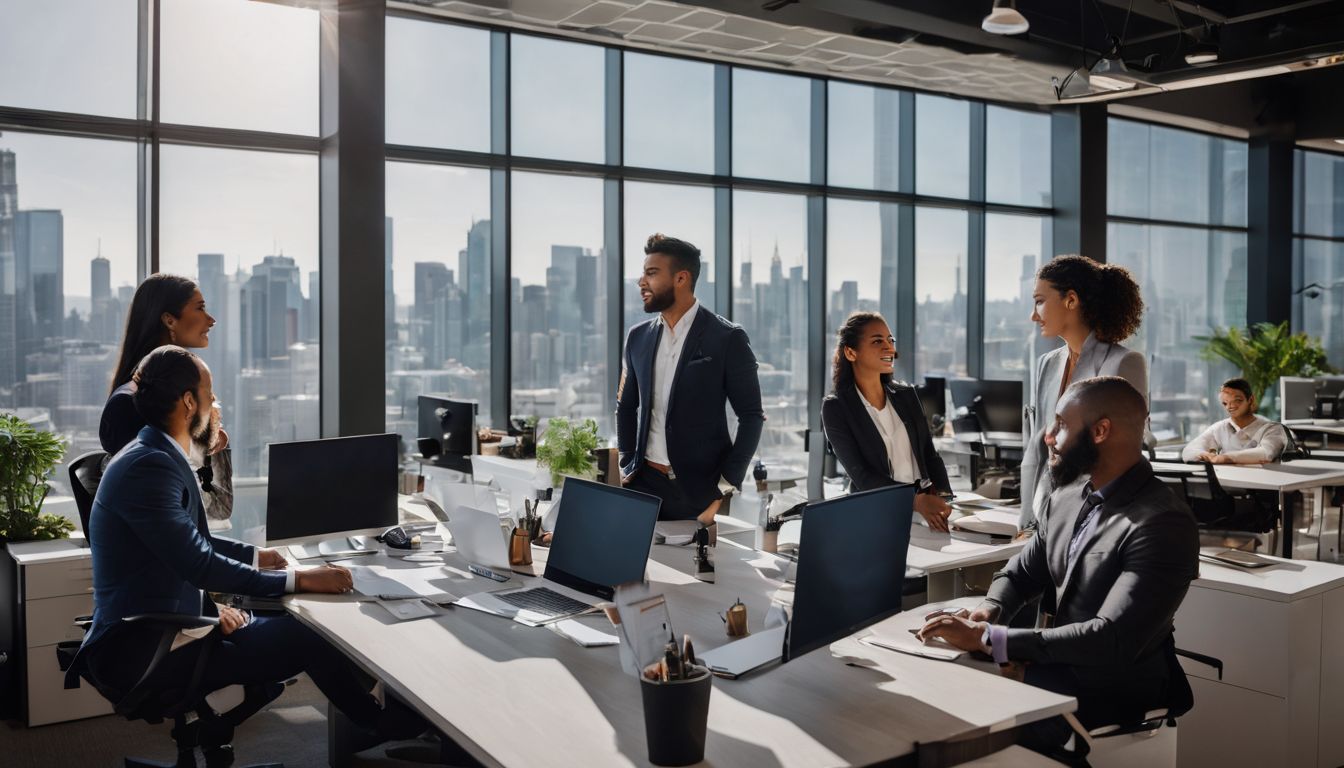 A diverse group of professionals in a modern office setting.