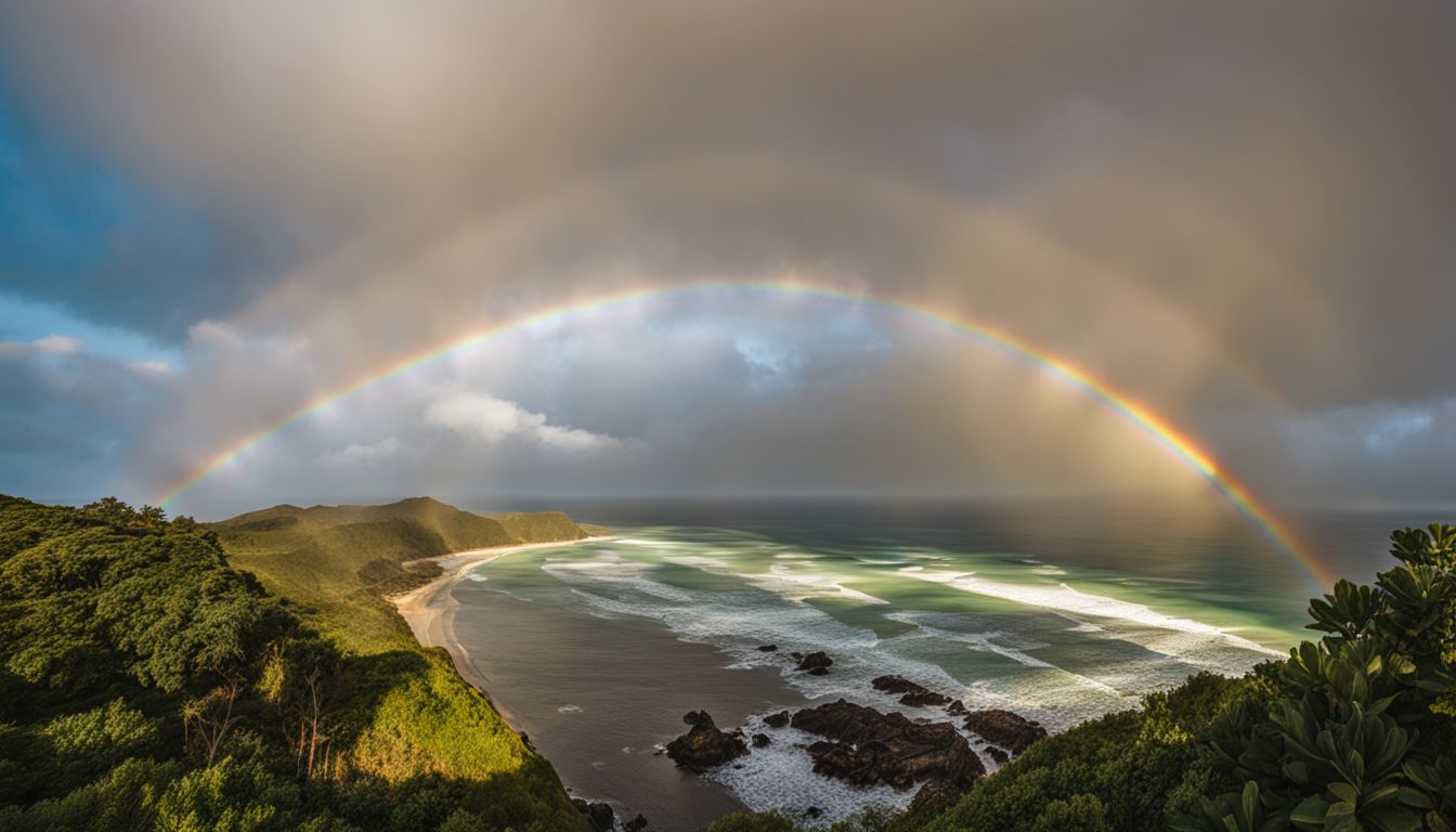 A vibrant rainbow over a calm ocean with diverse individuals.