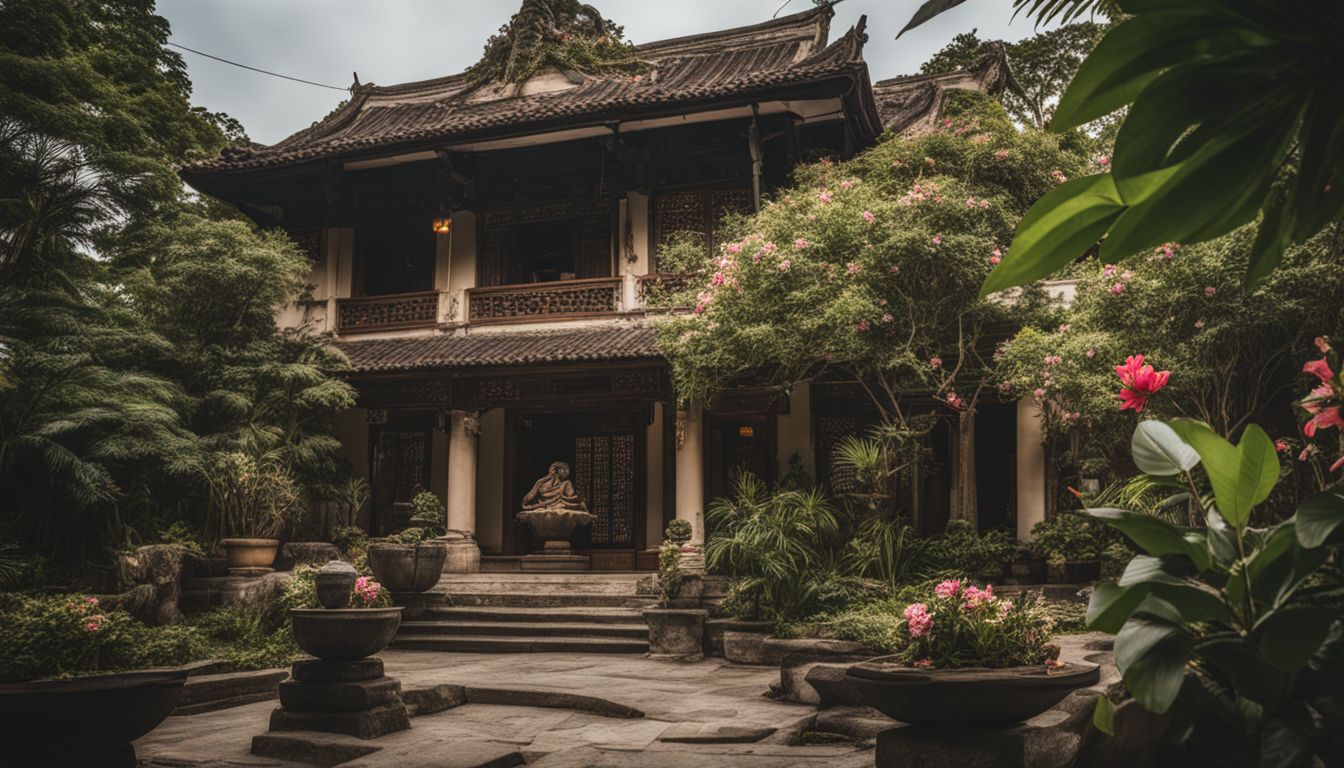 Traditional Vietnamese house with a lush garden and ornate architectural details.