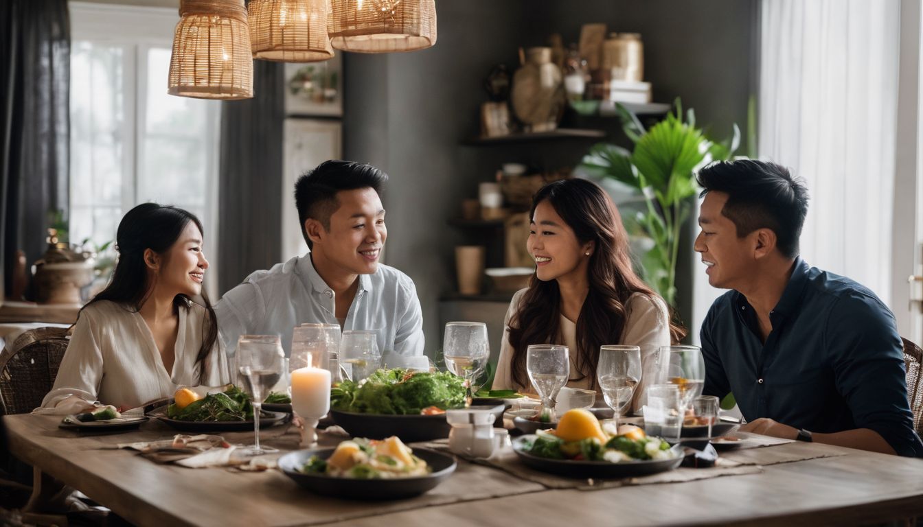 A Vietnamese family gathered around a dining table in a bustling kitchen.