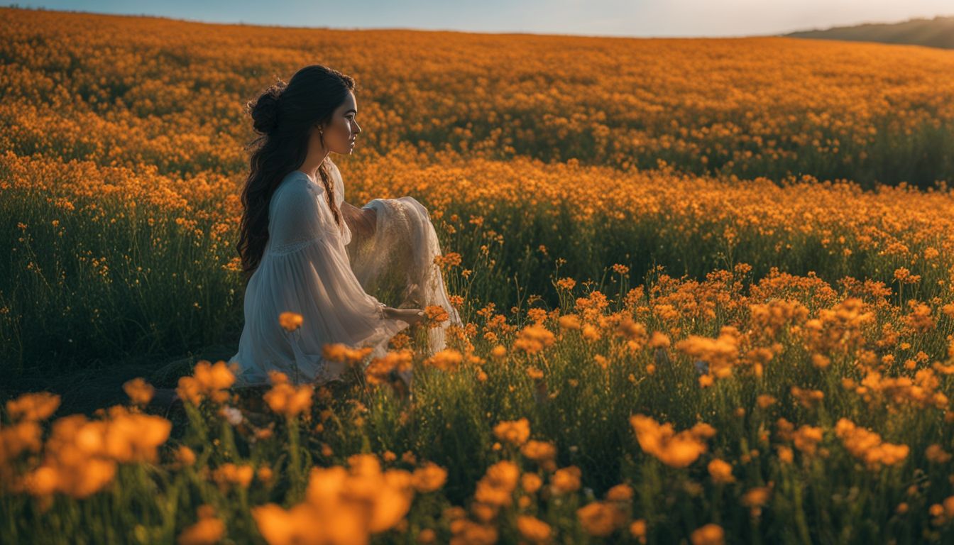 A vibrant field of blooming flowers in a bustling natural atmosphere.