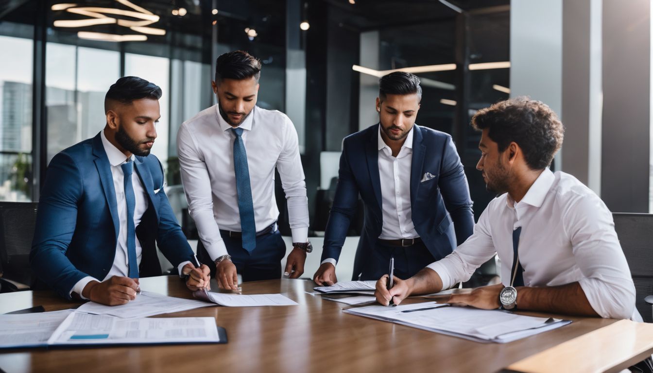 A diverse group of business professionals discussing paperwork in modern office.