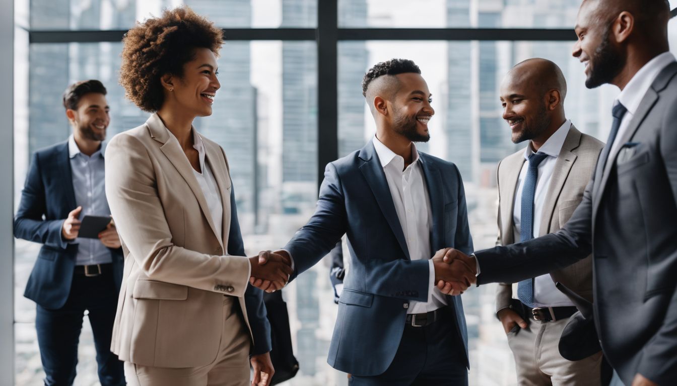 A diverse group of business professionals shaking hands in a modern office space.