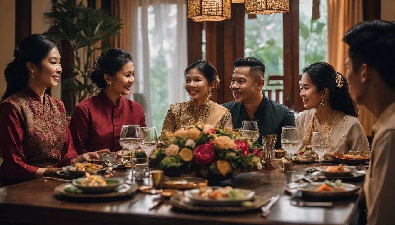 A Vietnamese family gathered around a beautifully decorated dining table.