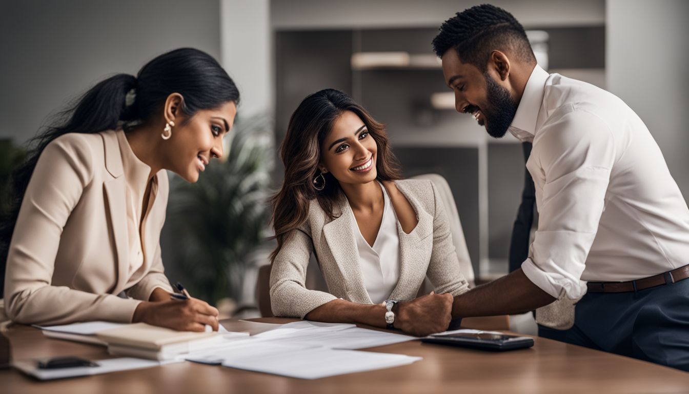 A man and woman discuss loan documents with a mortgage lender.