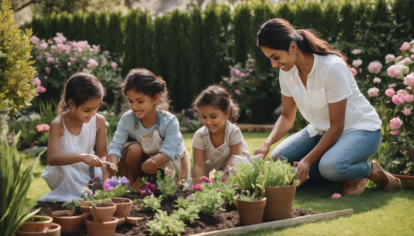 A family enjoying gardening together in a beautiful backyard.