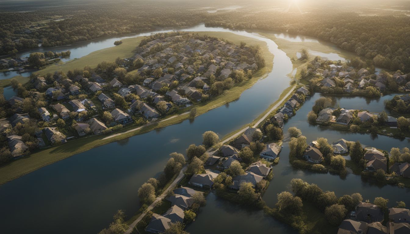 Aerial view of a neighborhood surrounded by rivers and floodplains.