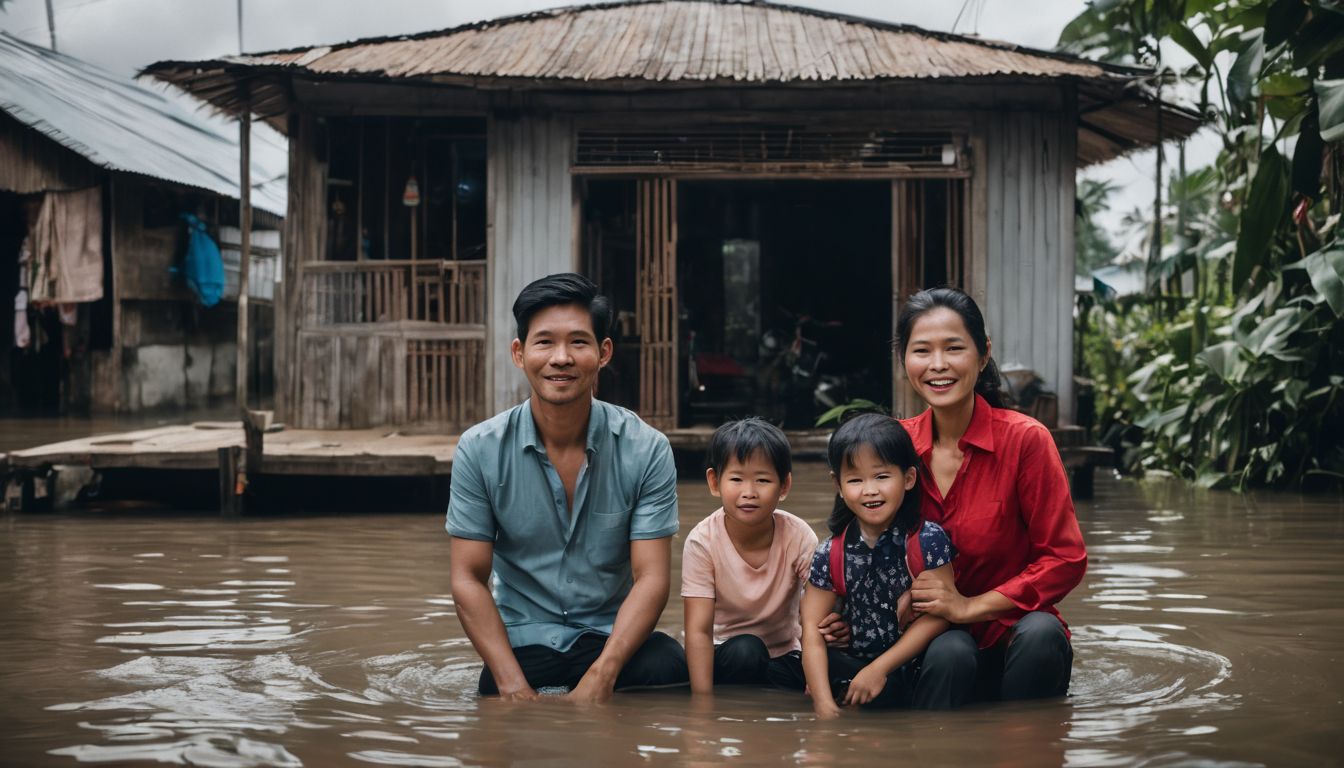 A Vietnamese family stands in front of their flooded home.